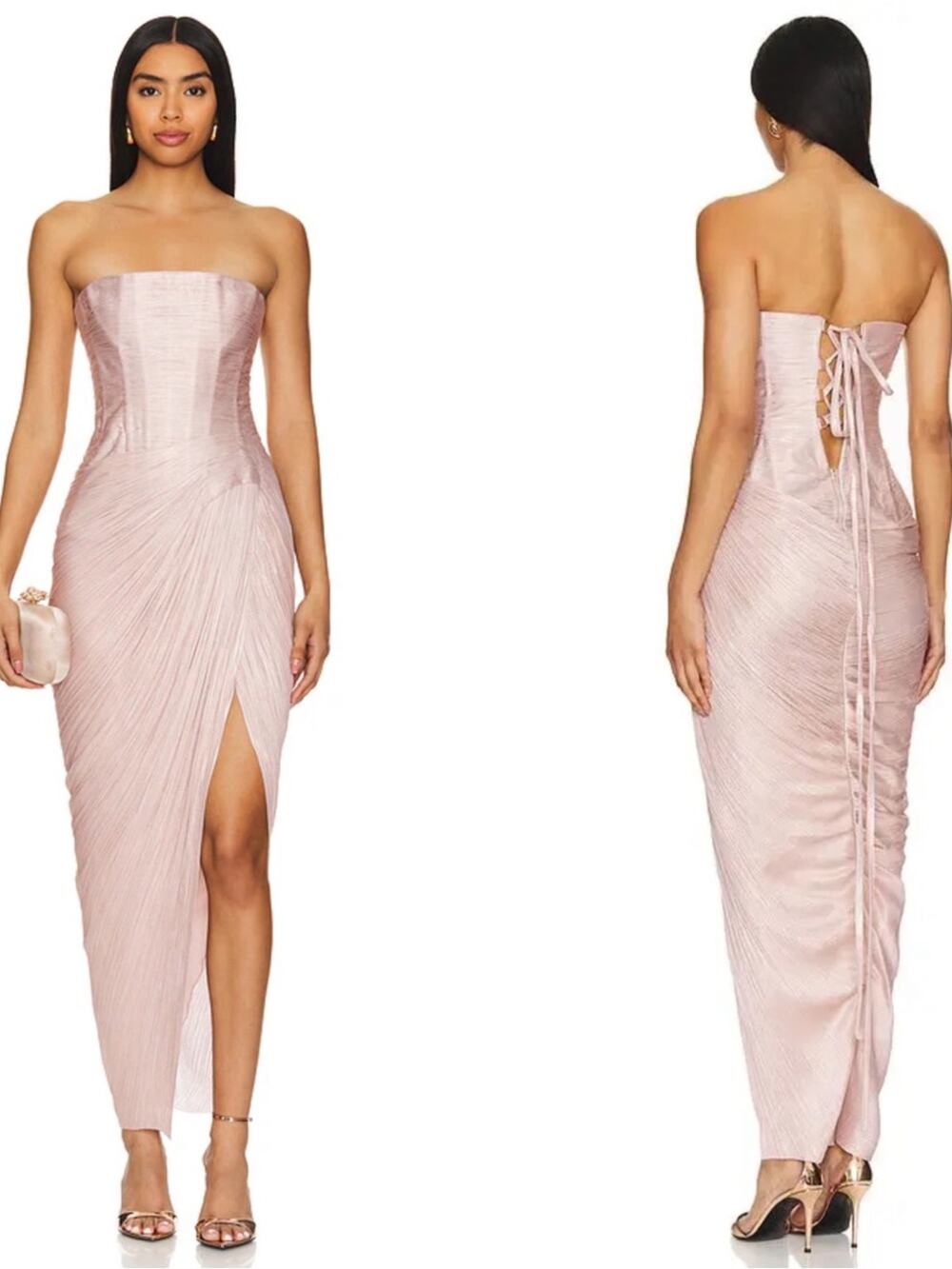 MARIA LUCIA HOHAN Ruby Strapless Silk Corset Ruched Draped Pink Midi Dress Sz 2